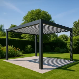 Montaje de pérgolas y anexos: guía esencial, pergola moderna instalada correctamente en un jardín durante un día soleado.