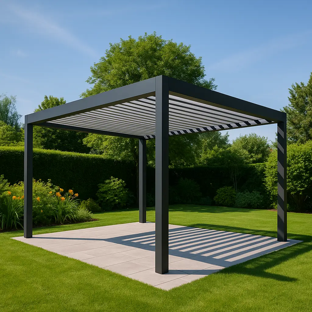 Montaje de pérgolas y anexos: guía esencial, pergola moderna instalada correctamente en un jardín durante un día soleado.