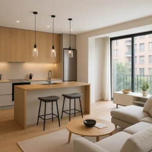 Cocina abierta reformada en vivienda familiar en Barcelona con diseño moderno